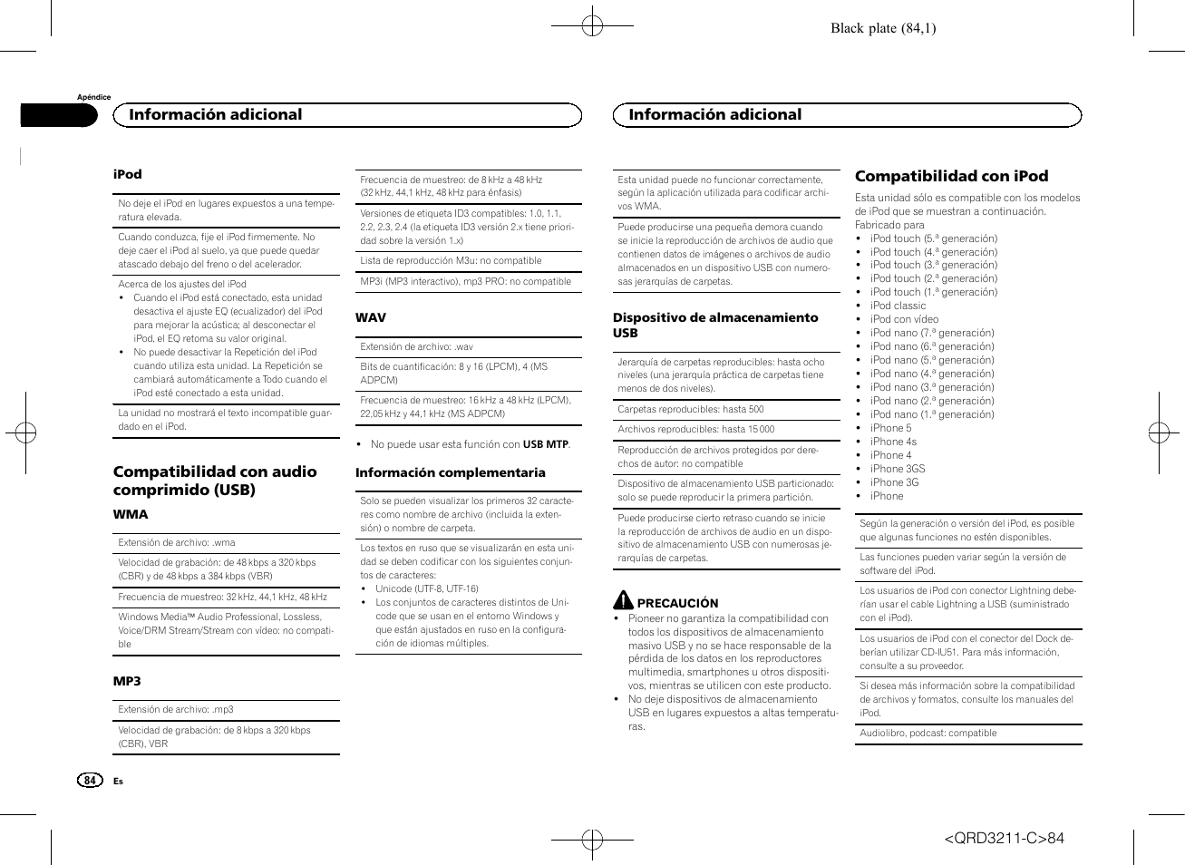 Compatibilidad con audio comprimido (usb), Compatibilidad con ipod, Información adicional | Pioneer MVH-160UI User Manual | Page 84 / 156