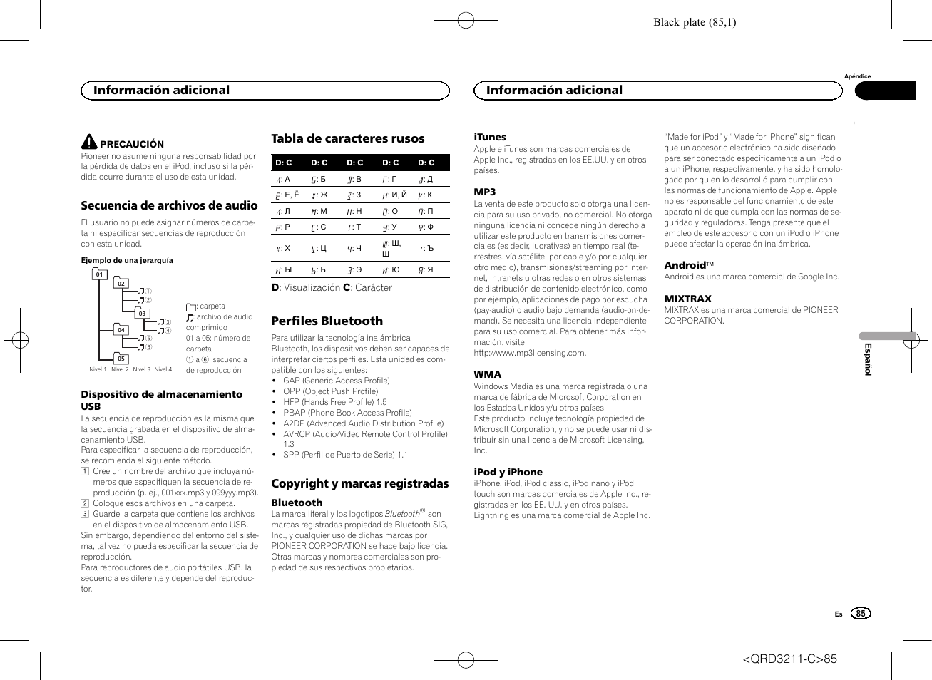 Secuencia de archivos de audio, Tabla de caracteres rusos, Perfiles bluetooth | Copyright y marcas registradas, Información adicional | Pioneer MVH-160UI User Manual | Page 85 / 156