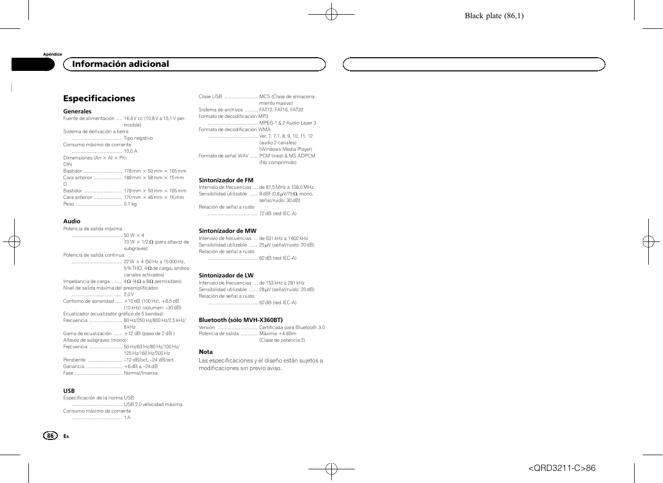 Especificaciones, Información adicional, Black plate (86,1) | Pioneer MVH-160UI User Manual | Page 86 / 156