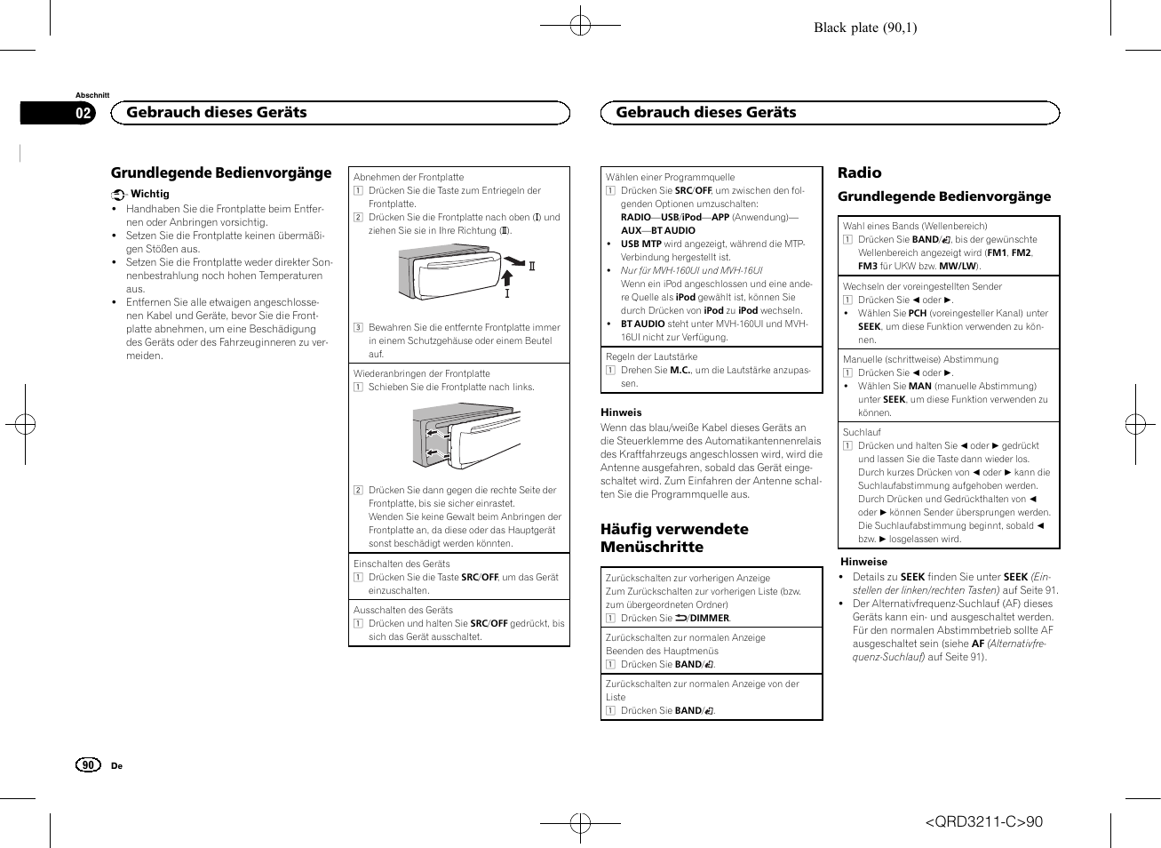 Grundlegende bedienvorgänge, Häufig verwendete menüschritte, Radio | Gebrauch dieses geräts | Pioneer MVH-160UI User Manual | Page 90 / 156