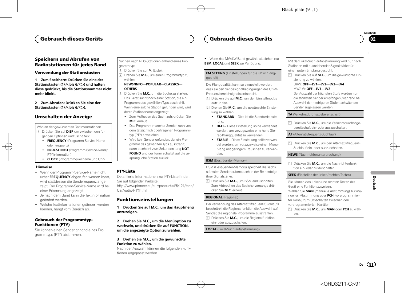 Seek (ein, Stellen der linken/rechten tasten) auf seite 91, Af (alternativfre | Quenz-suchlauf) auf seite 91), Gebrauch dieses geräts | Pioneer MVH-160UI User Manual | Page 91 / 156