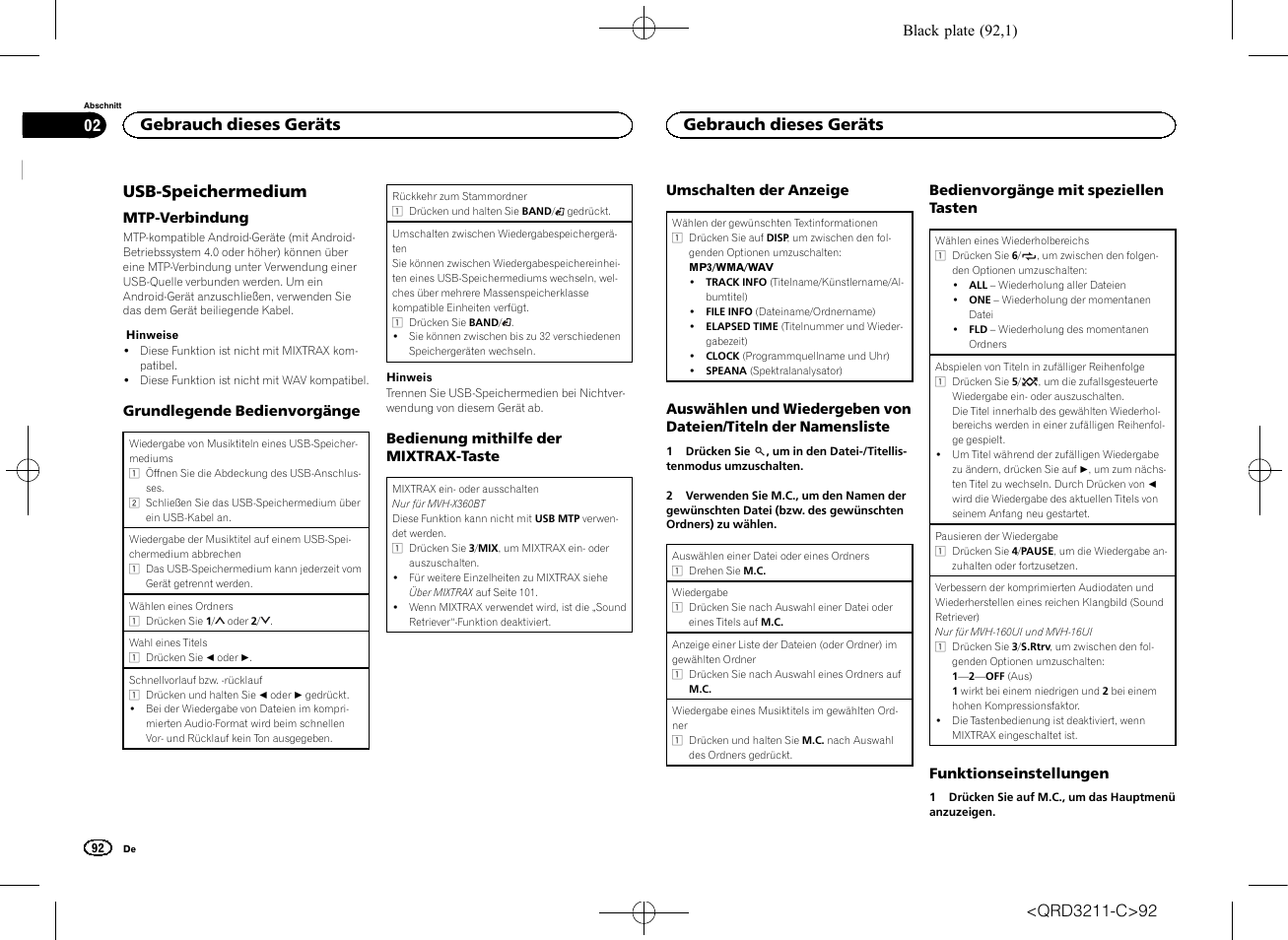 Usb-speichermedium, Gebrauch dieses geräts | Pioneer MVH-160UI User Manual | Page 92 / 156