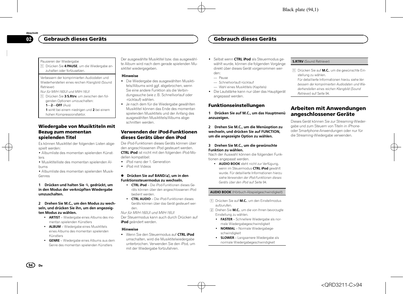 Arbeiten mit anwendungen angeschlossener geräte, Gebrauch dieses geräts | Pioneer MVH-160UI User Manual | Page 94 / 156