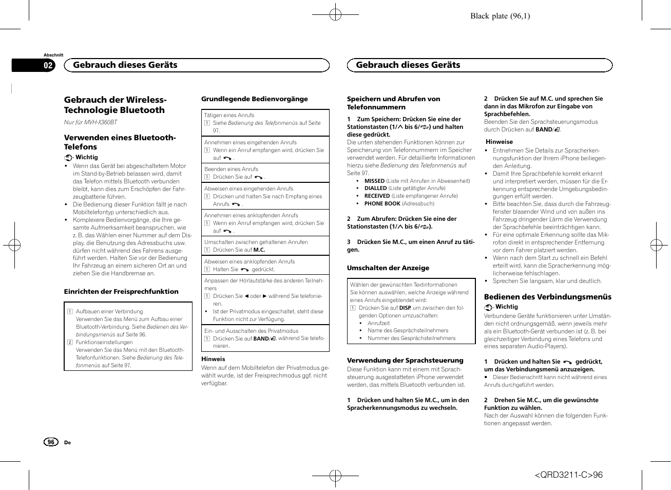 Gebrauch der wireless- technologie bluetooth, Gebrauch dieses geräts | Pioneer MVH-160UI User Manual | Page 96 / 156