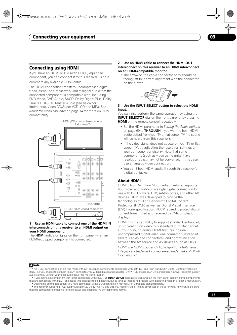 Connecting using hdmi, About hdmi, Connecting your equipment 03 | Pioneer VSX-1018AH-S User Manual | Page 15 / 96