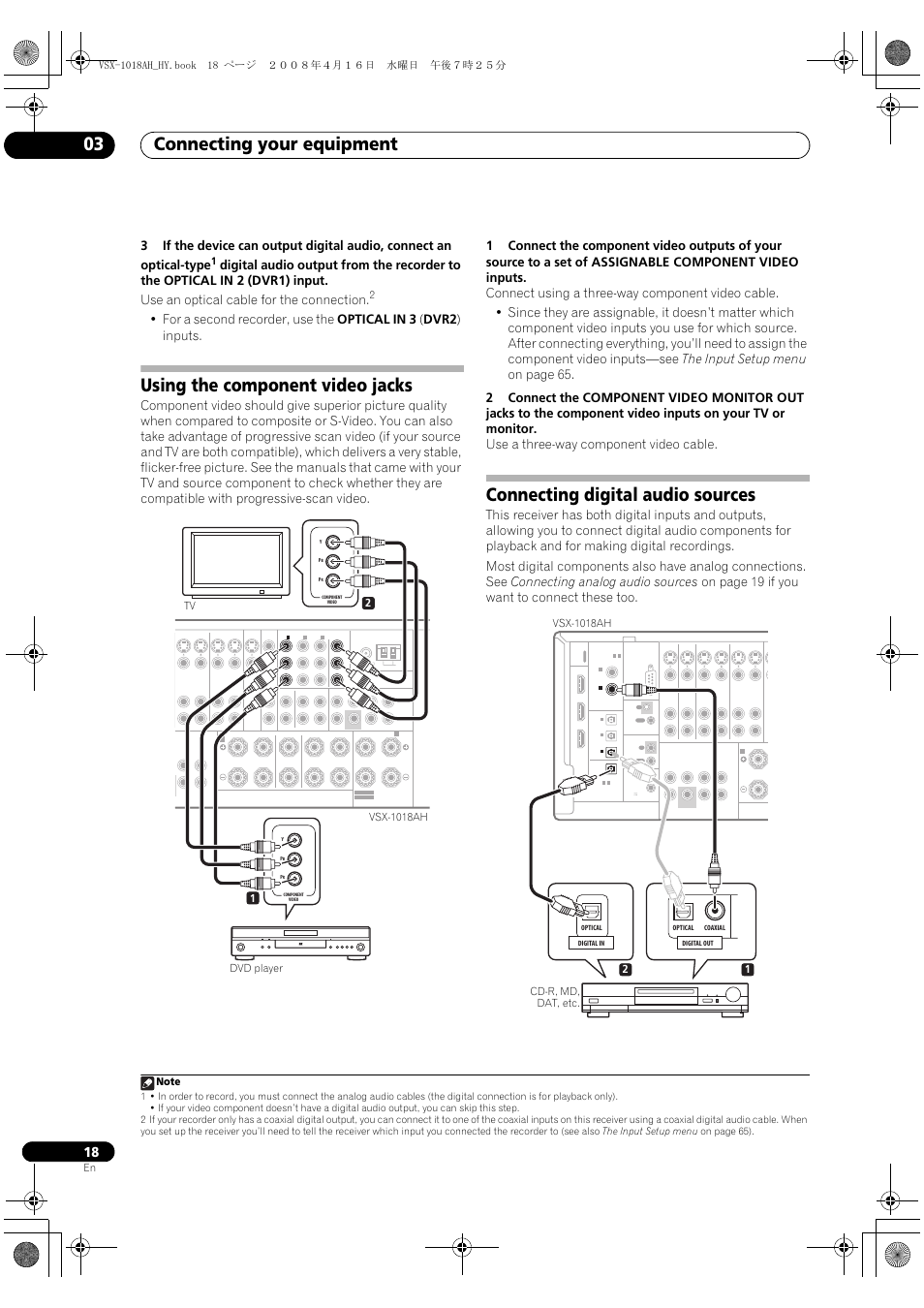 Connecting your equipment 03, Using the component video jacks, Connecting digital audio sources | Pioneer VSX-1018AH-S User Manual | Page 18 / 96