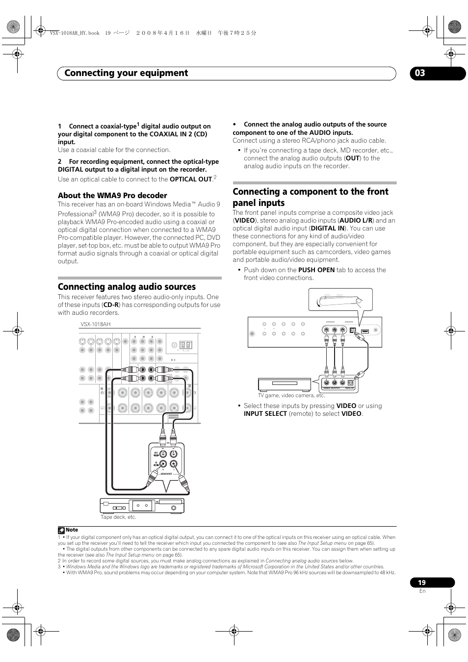 About the wma9 pro decoder, Connecting your equipment 03, Connecting analog audio sources | Connecting a component to the front panel inputs, 1connect a coaxial-type, Vsx-1018ah tape deck, etc | Pioneer VSX-1018AH-S User Manual | Page 19 / 96