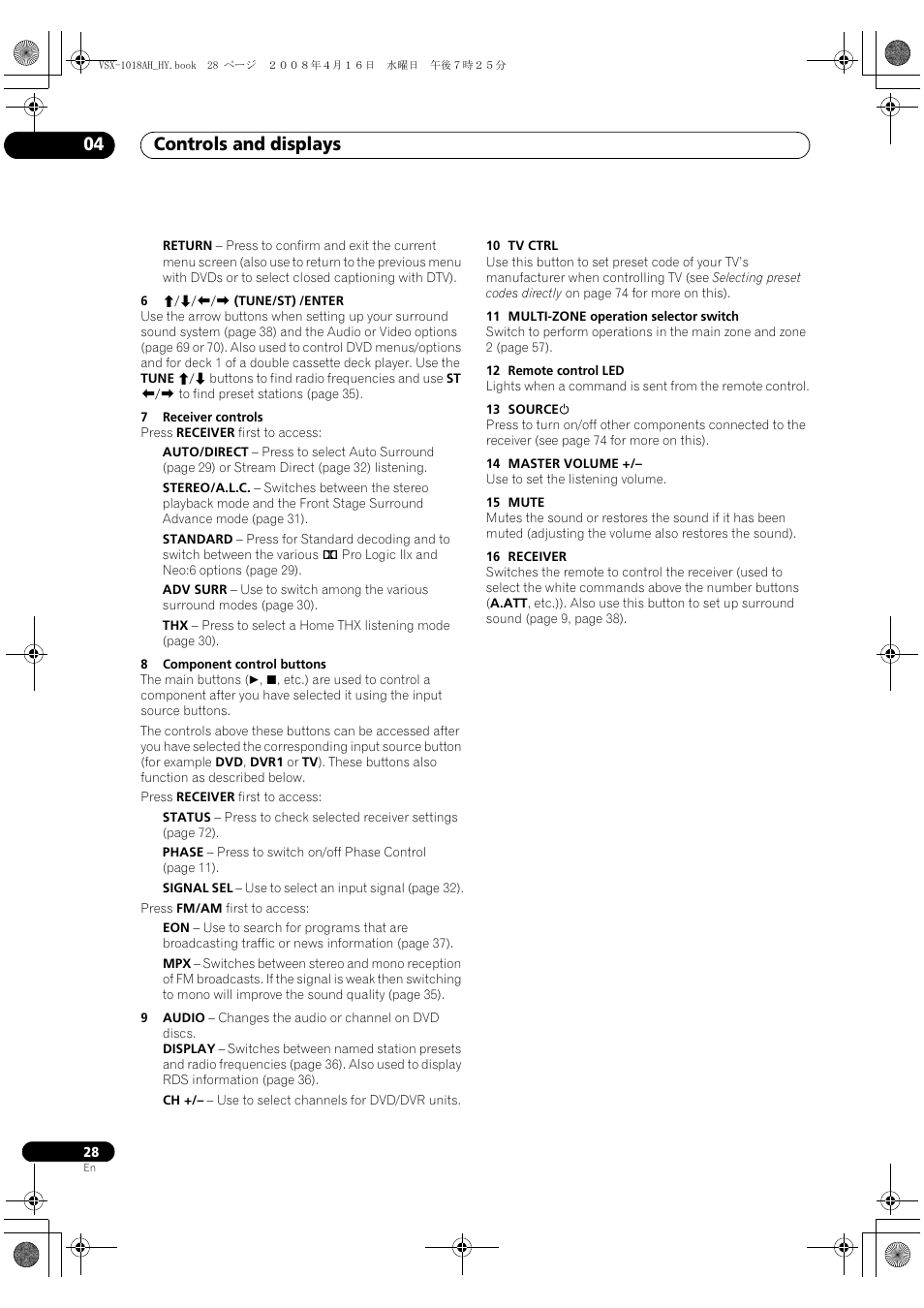 Controls and displays 04 | Pioneer VSX-1018AH-S User Manual | Page 28 / 96