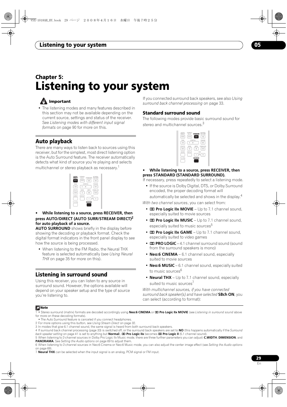 Auto playback listening in surround sound, Standard surround sound, Listening to your system | Listening to your system 05, Chapter 5, Auto playback, Listening in surround sound | Pioneer VSX-1018AH-S User Manual | Page 29 / 96