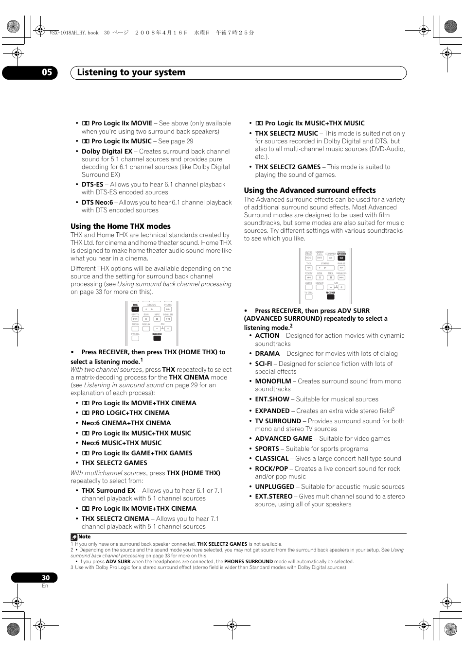 Listening to your system 05, Using the home thx modes, Using the advanced surround effects | Pioneer VSX-1018AH-S User Manual | Page 30 / 96