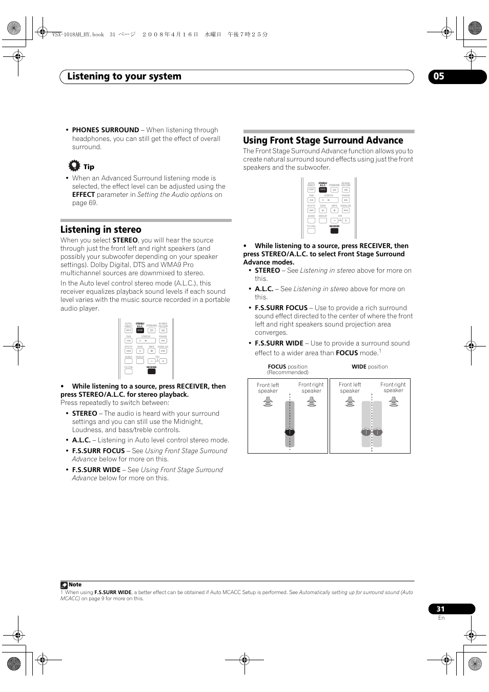 Listening to your system 05, Listening in stereo, Using front stage surround advance | Pioneer VSX-1018AH-S User Manual | Page 31 / 96