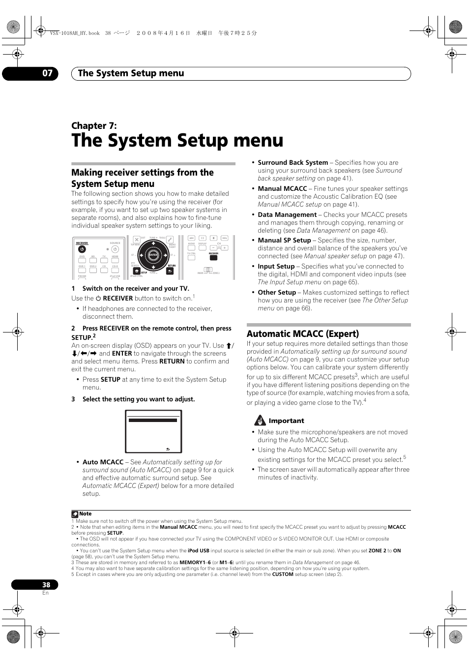 The system setup menu, The system setup menu 07, Chapter 7 | Automatic mcacc (expert) | Pioneer VSX-1018AH-S User Manual | Page 38 / 96