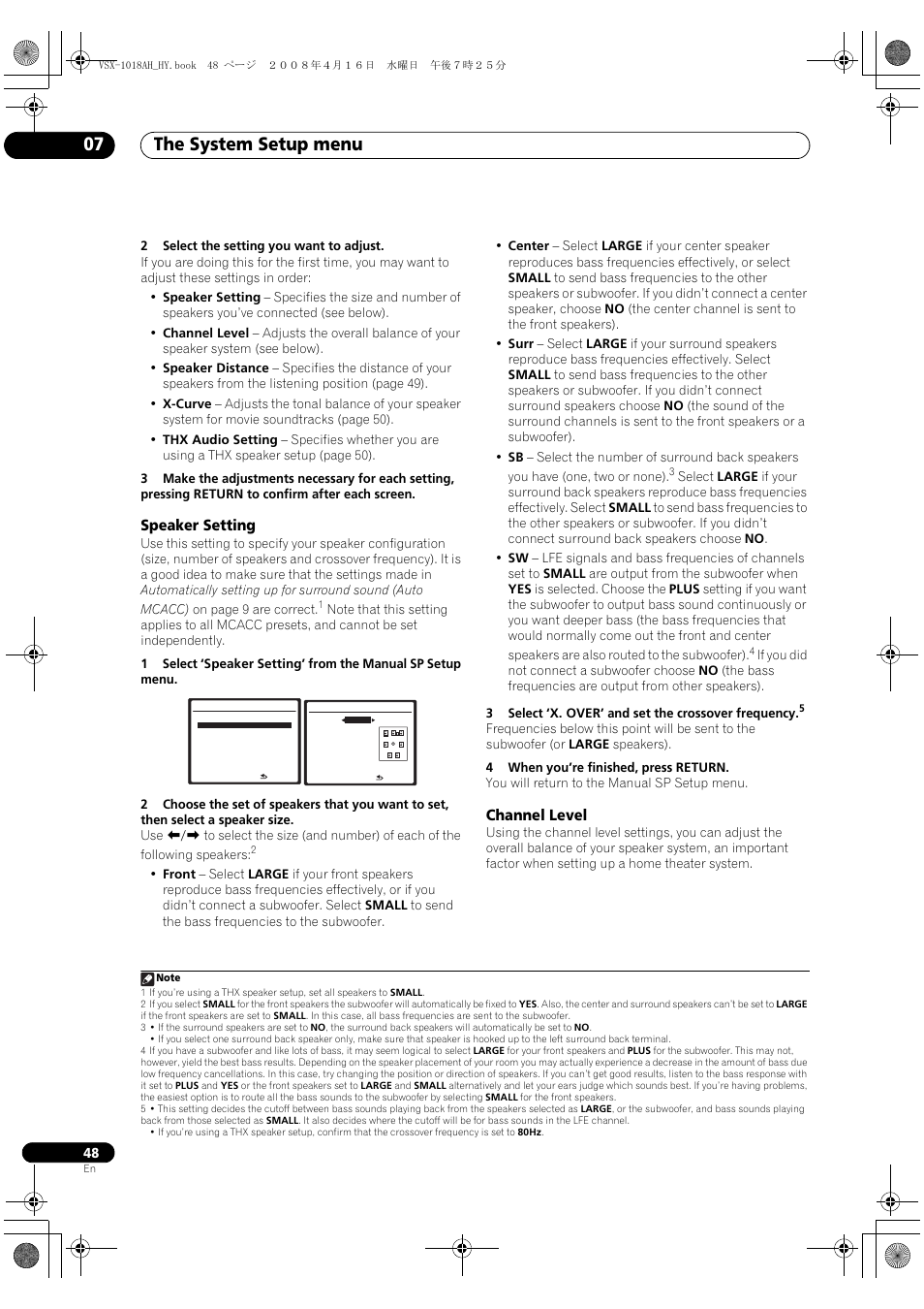 Speaker setting channel level, The system setup menu 07, Speaker setting | Channel level | Pioneer VSX-1018AH-S User Manual | Page 48 / 96