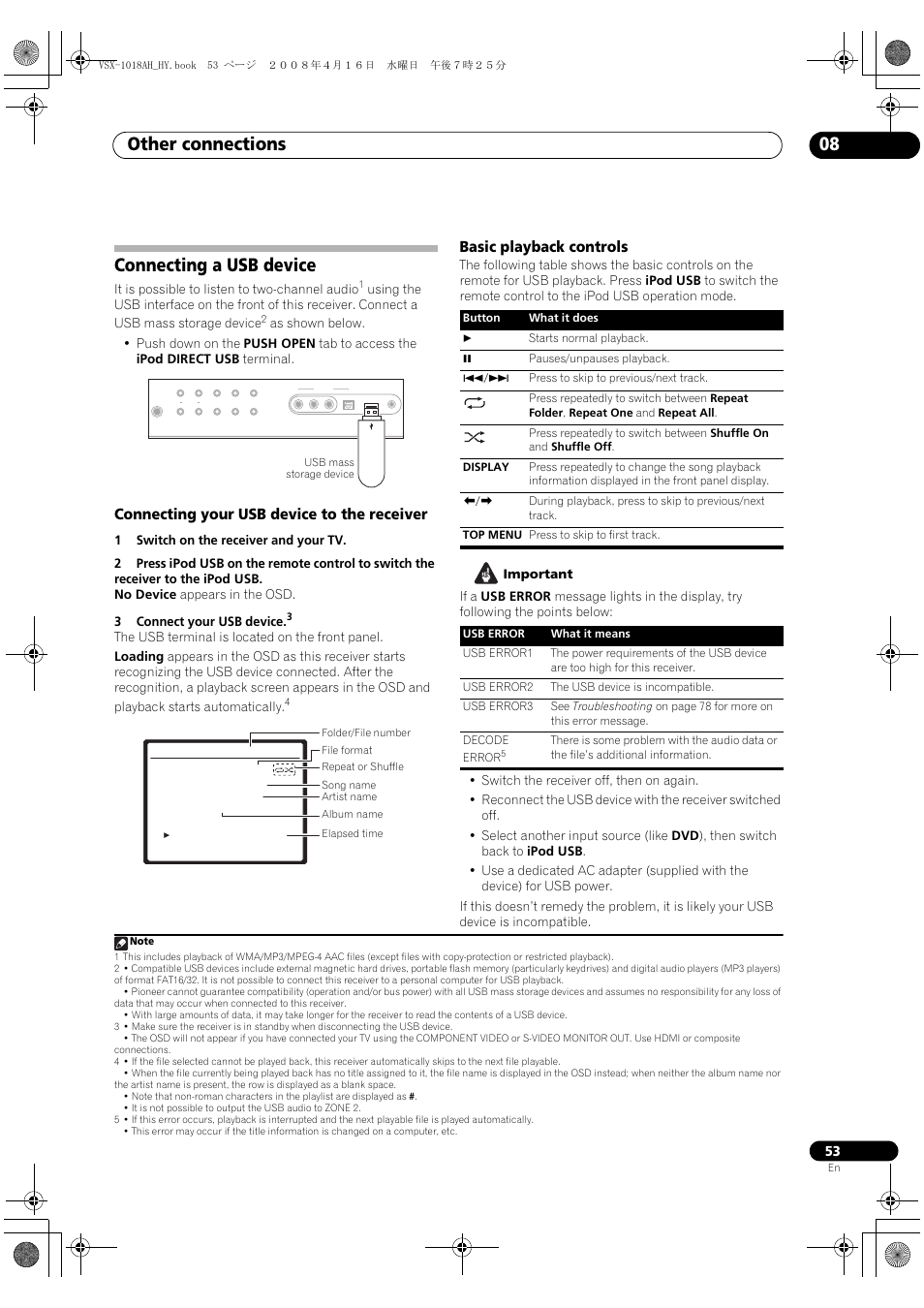 Connecting a usb device, Other connections 08, Connecting your usb device to the receiver | Basic playback controls, It is possible to listen to two-channel audio | Pioneer VSX-1018AH-S User Manual | Page 53 / 96