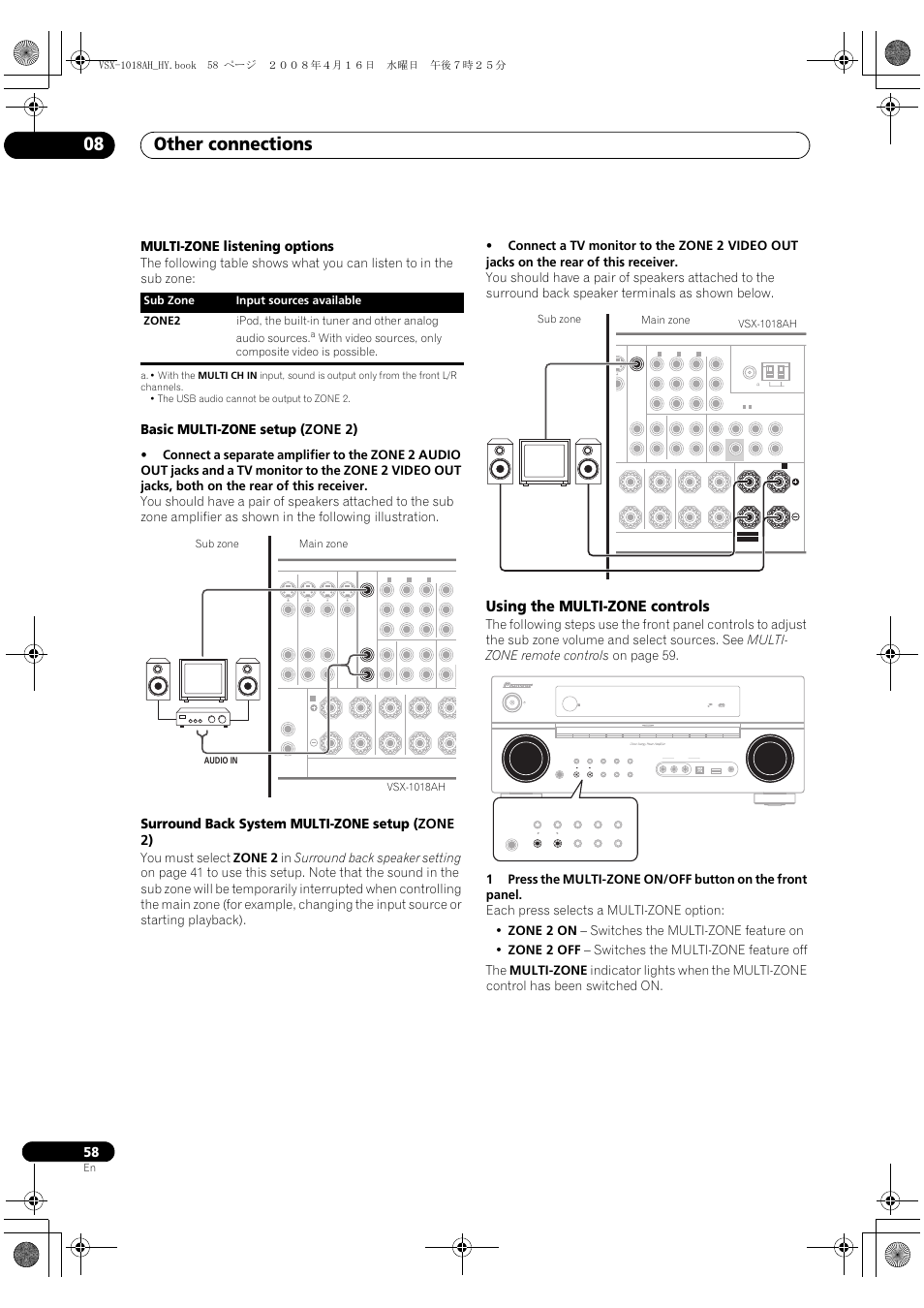 Using the multi-zone controls, Other connections 08, Multi-zone listening options | Basic multi-zone setup (zone 2), Surround back system multi-zone setup (zone 2), On/off control multi-zone, Sub zone main zone vsx-1018ah | Pioneer VSX-1018AH-S User Manual | Page 58 / 96