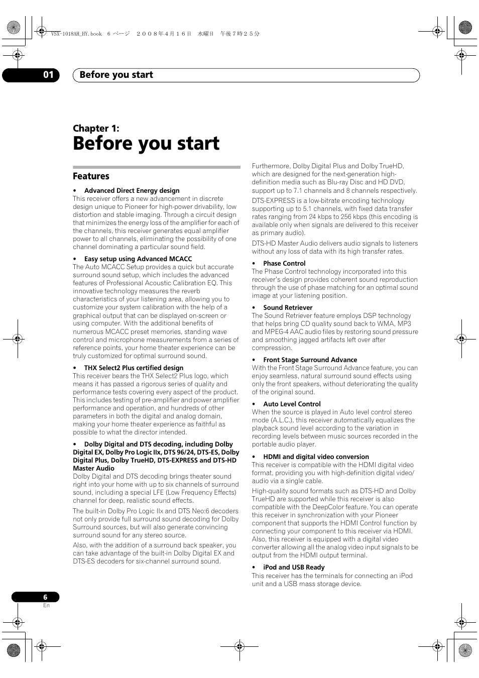 Features, Before you start, Before you start 01 | Chapter 1 | Pioneer VSX-1018AH-S User Manual | Page 6 / 96