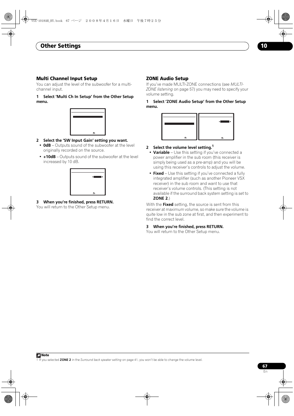 Multi channel input setup zone audio setup, Other settings 10, Multi channel input setup | Zone audio setup | Pioneer VSX-1018AH-S User Manual | Page 67 / 96