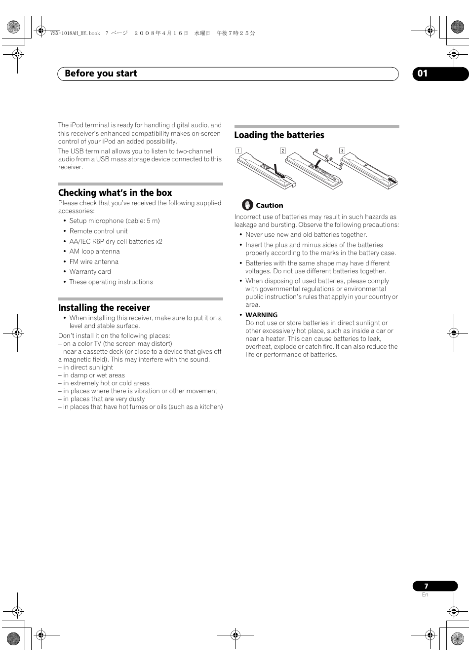 Before you start 01, Checking what’s in the box, Installing the receiver | Loading the batteries | Pioneer VSX-1018AH-S User Manual | Page 7 / 96