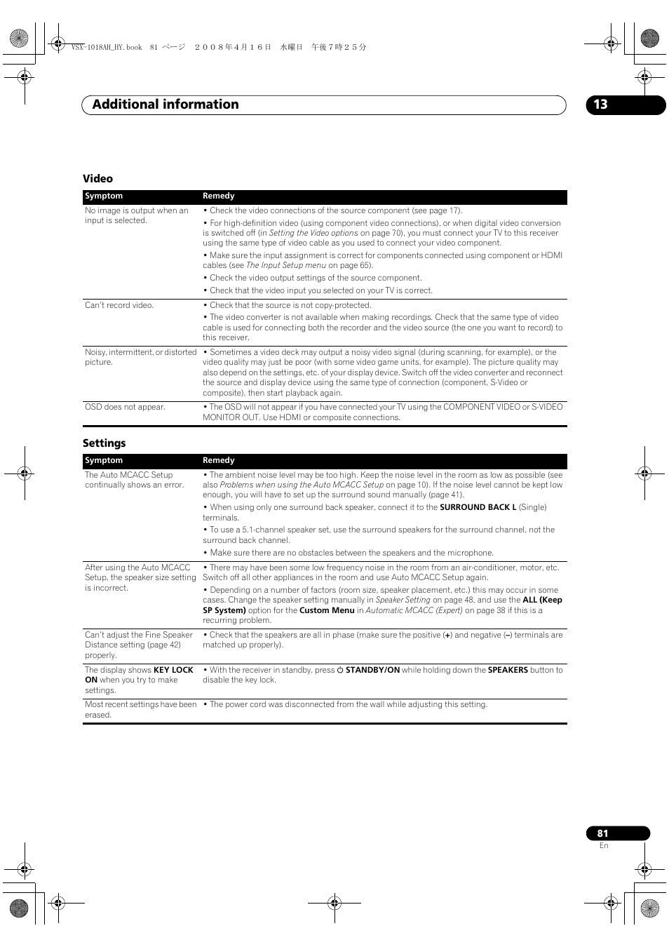 Video settings, Additional information 13 | Pioneer VSX-1018AH-S User Manual | Page 81 / 96