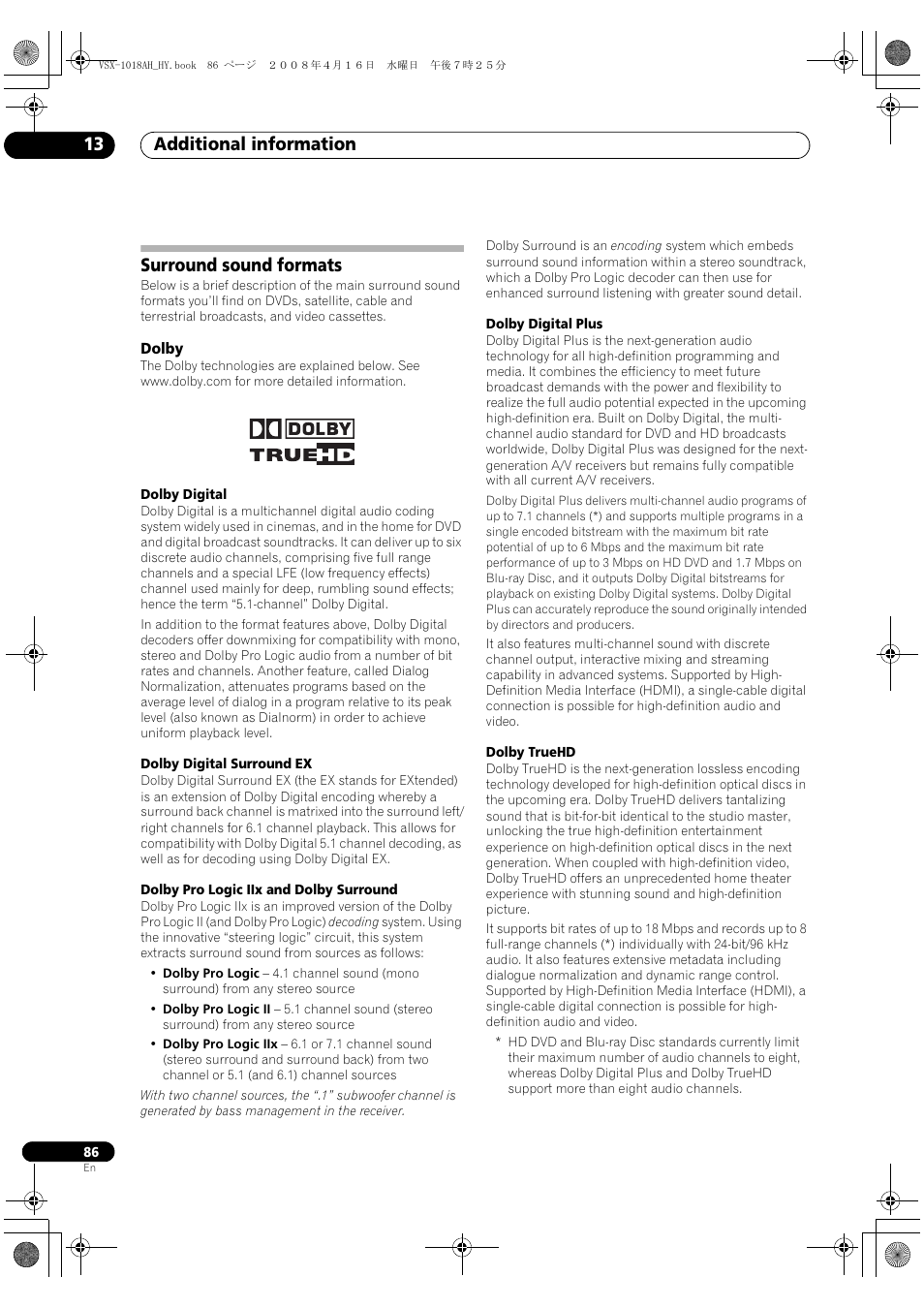 Surround sound formats, Dolby, Additional information 13 | Pioneer VSX-1018AH-S User Manual | Page 86 / 96