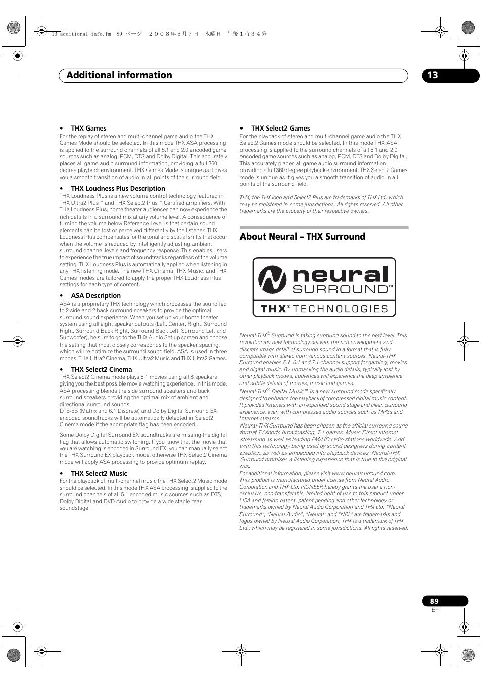 About neural – thx surround, Additional information 13 | Pioneer VSX-1018AH-S User Manual | Page 89 / 96