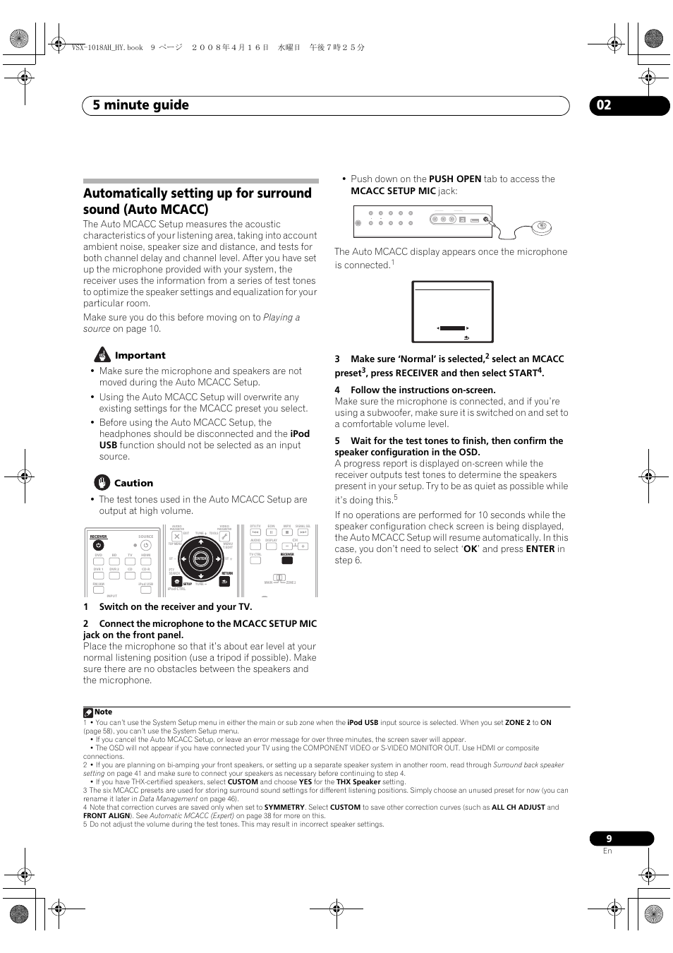 5 minute guide 02, Mcacc setup mic, 3make sure ‘normal’ is selected | Select an mcacc preset, Press receiver and then select start | Pioneer VSX-1018AH-S User Manual | Page 9 / 96