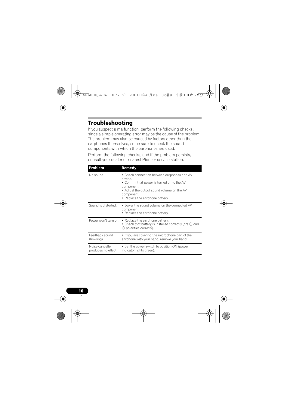 Troubleshooting | Pioneer SE-NC31C-K User Manual | Page 10 / 196