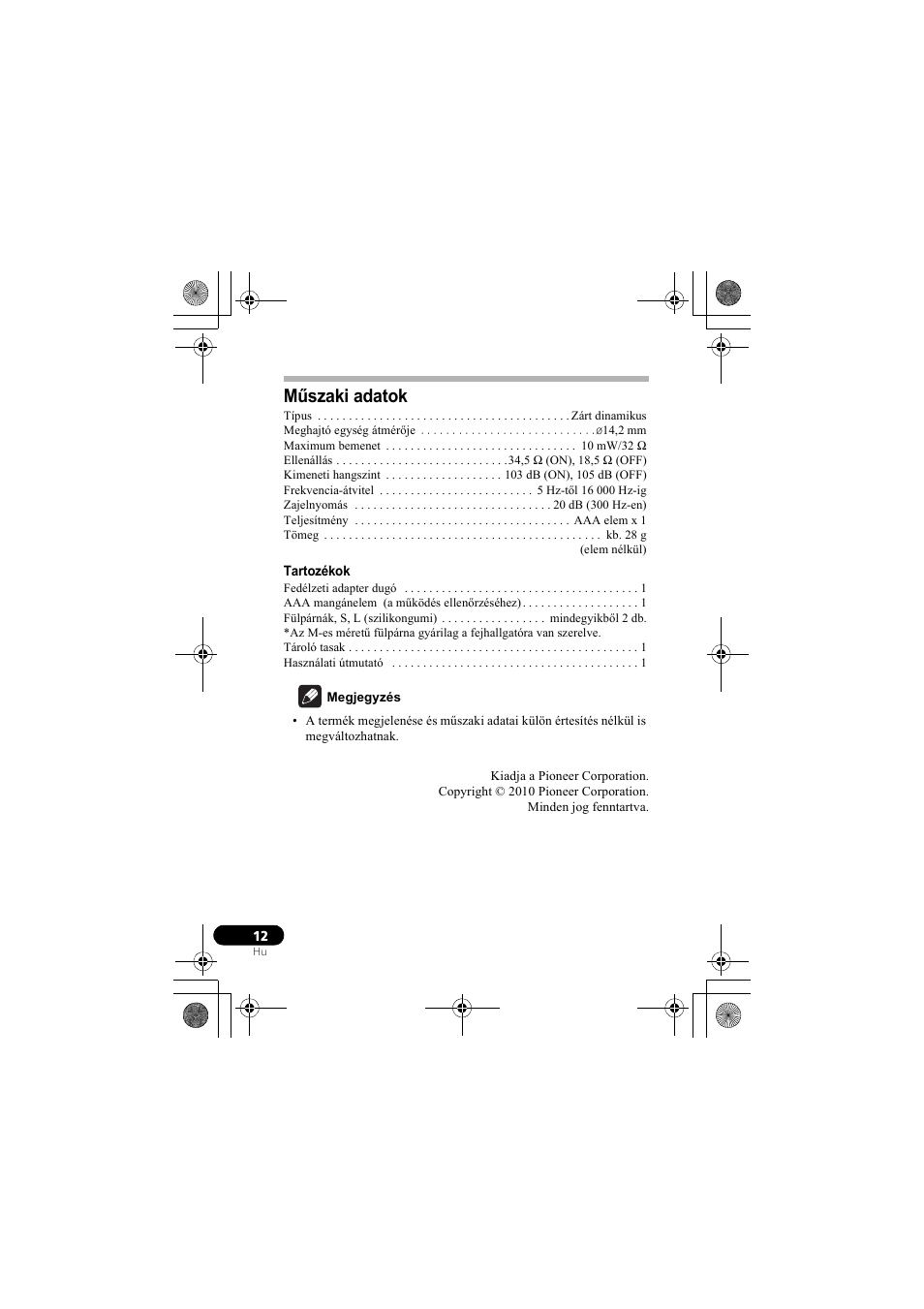 Műszaki adatok | Pioneer SE-NC31C-K User Manual | Page 156 / 196