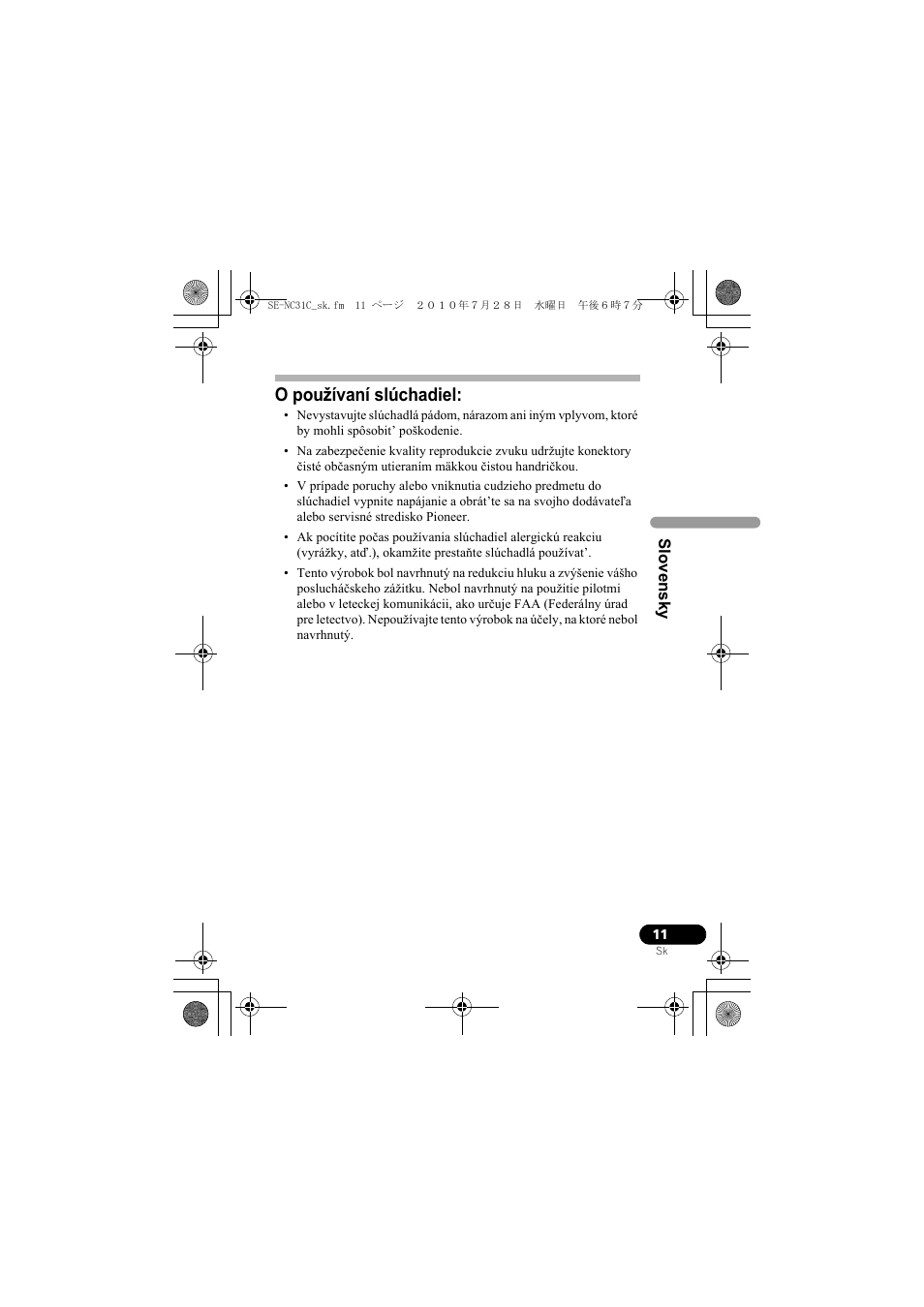 O používaní slúchadiel | Pioneer SE-NC31C-K User Manual | Page 167 / 196