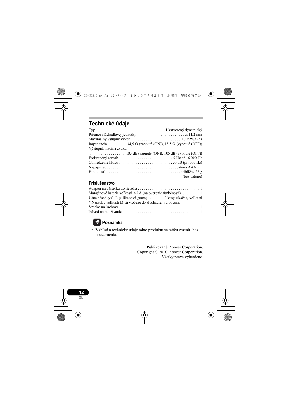 Technické údaje | Pioneer SE-NC31C-K User Manual | Page 168 / 196