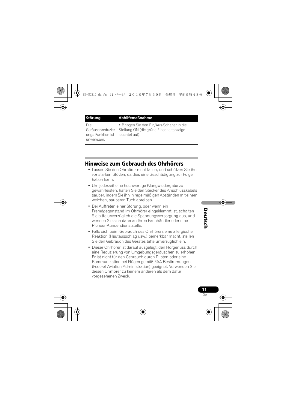 Hinweise zum gebrauch des ohrhörers | Pioneer SE-NC31C-K User Manual | Page 35 / 196
