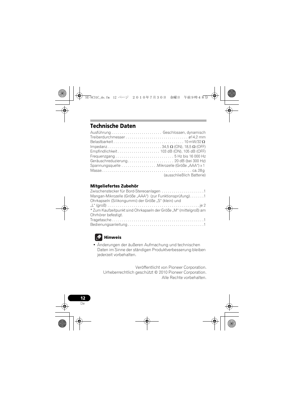 Technische daten | Pioneer SE-NC31C-K User Manual | Page 36 / 196