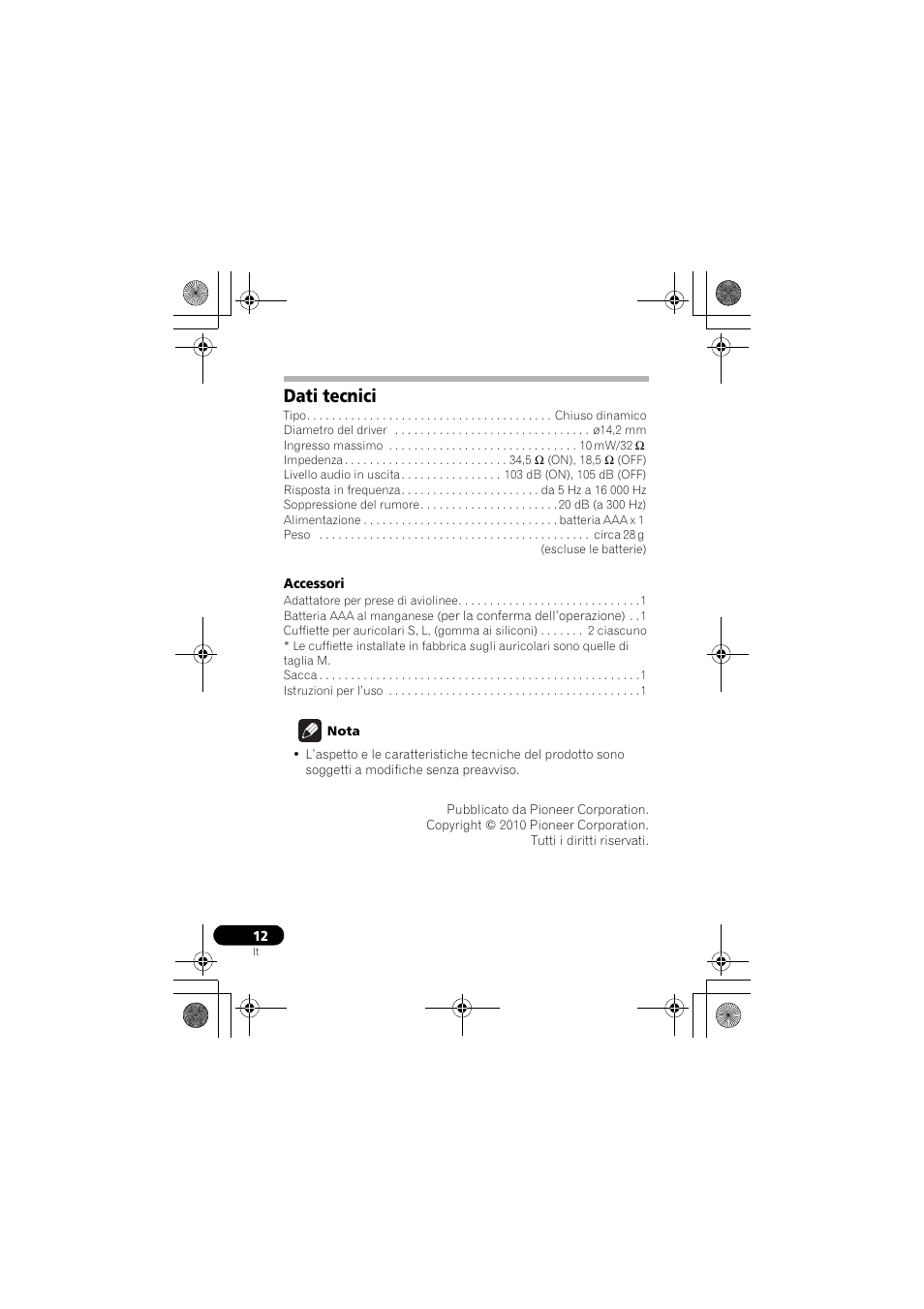 Dati tecnici | Pioneer SE-NC31C-K User Manual | Page 48 / 196