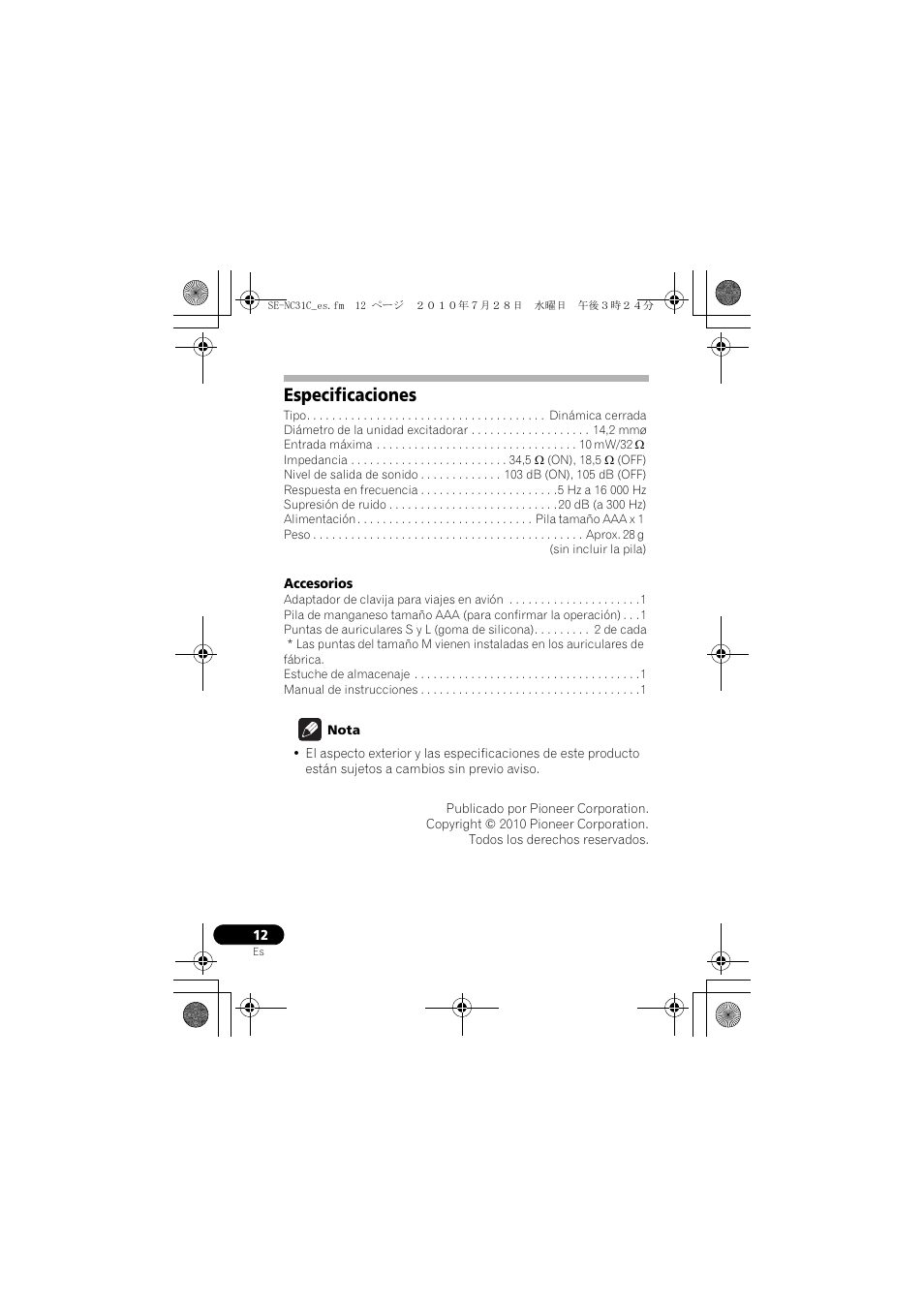 Especificaciones | Pioneer SE-NC31C-K User Manual | Page 60 / 196