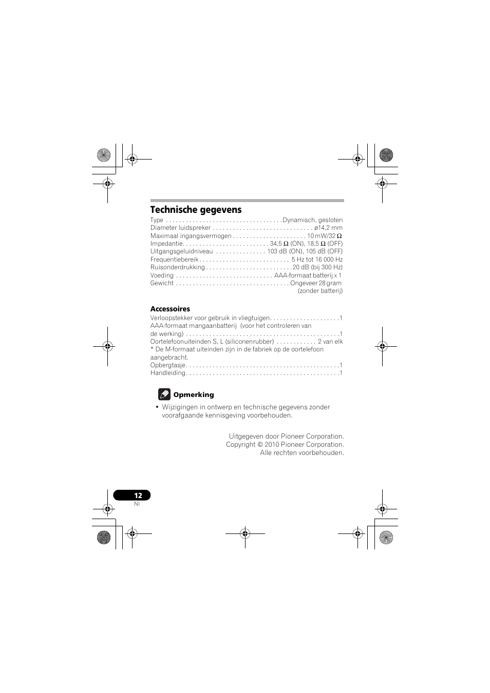 Technische gegevens | Pioneer SE-NC31C-K User Manual | Page 72 / 196
