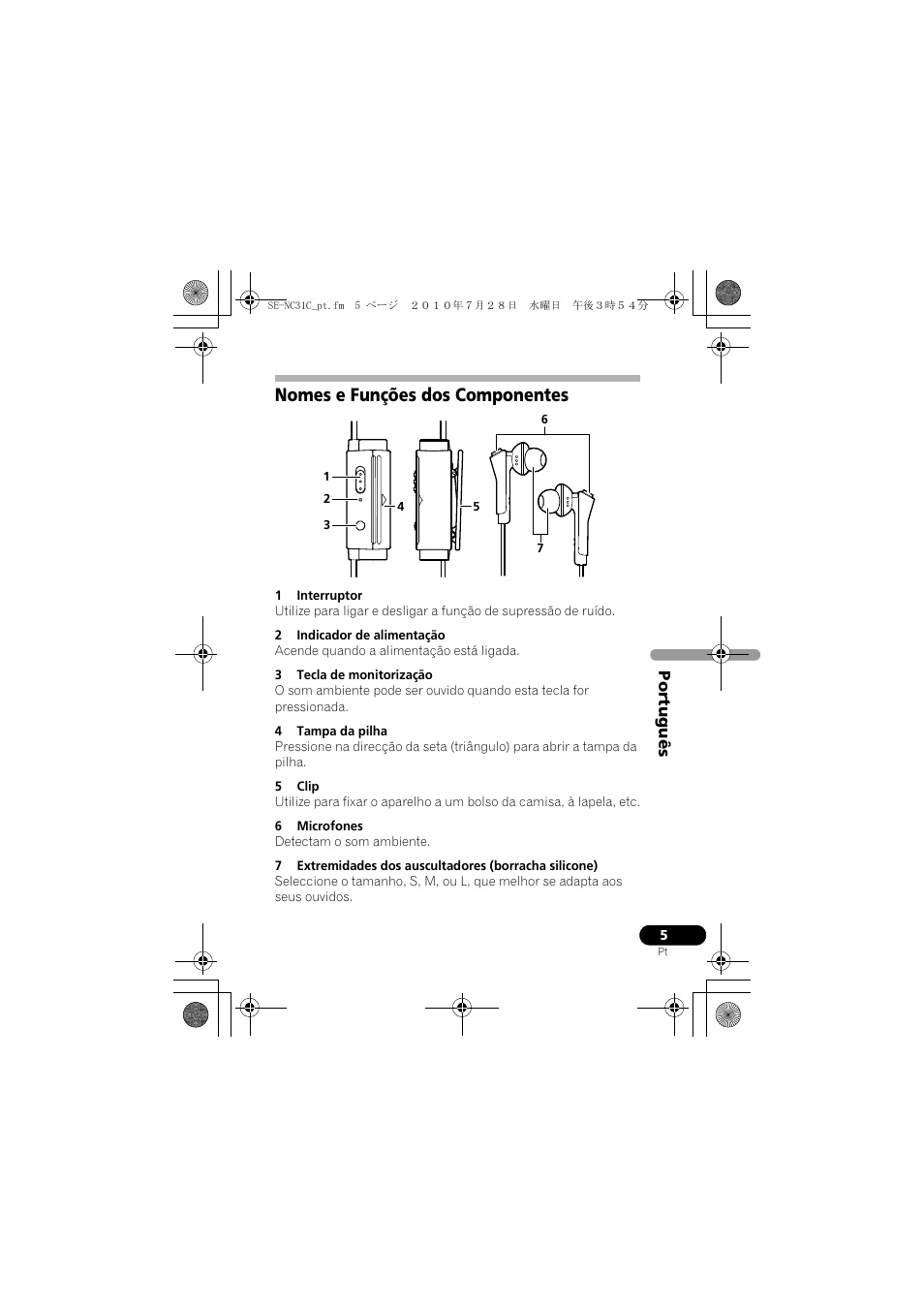 Nomes e funções dos componentes | Pioneer SE-NC31C-K User Manual | Page 77 / 196