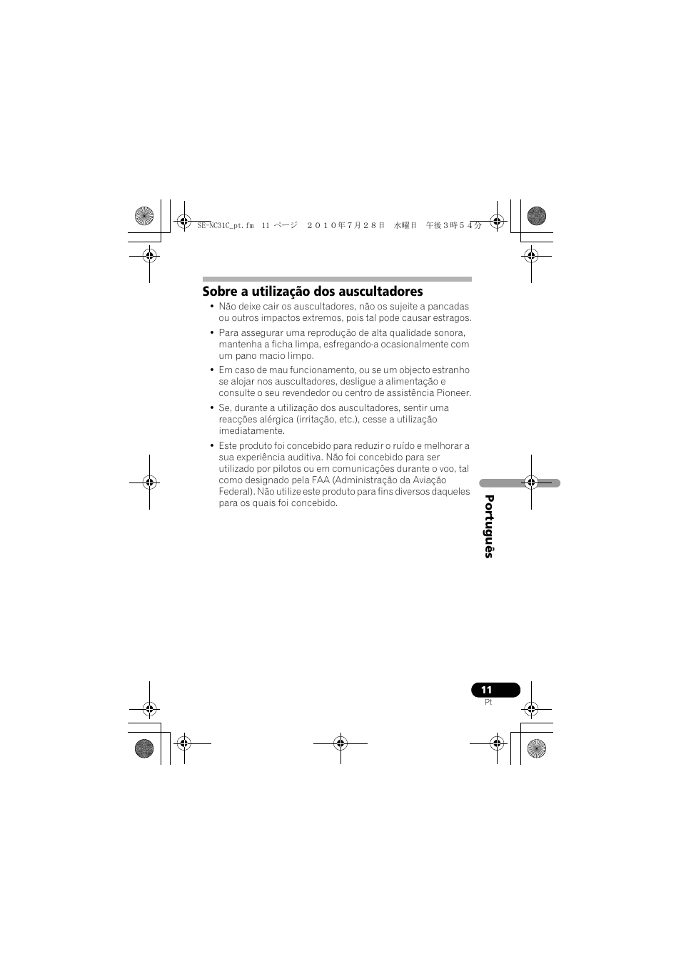 Sobre a utilização dos auscultadores | Pioneer SE-NC31C-K User Manual | Page 83 / 196