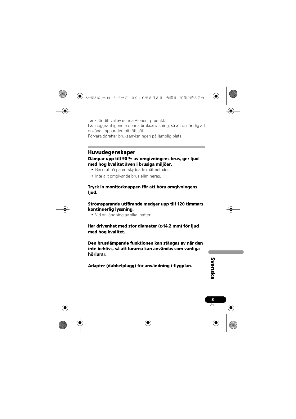 Huvudegenskaper | Pioneer SE-NC31C-K User Manual | Page 87 / 196