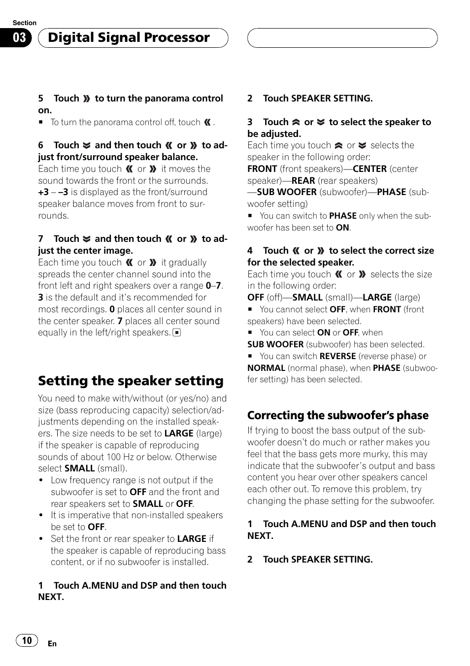 Setting the speaker setting 10, Correcting the subwoofers phase 10, Setting the speaker setting | Digital signal processor, Correcting the subwoofers phase | Pioneer DEQ-P6600 User Manual | Page 10 / 69