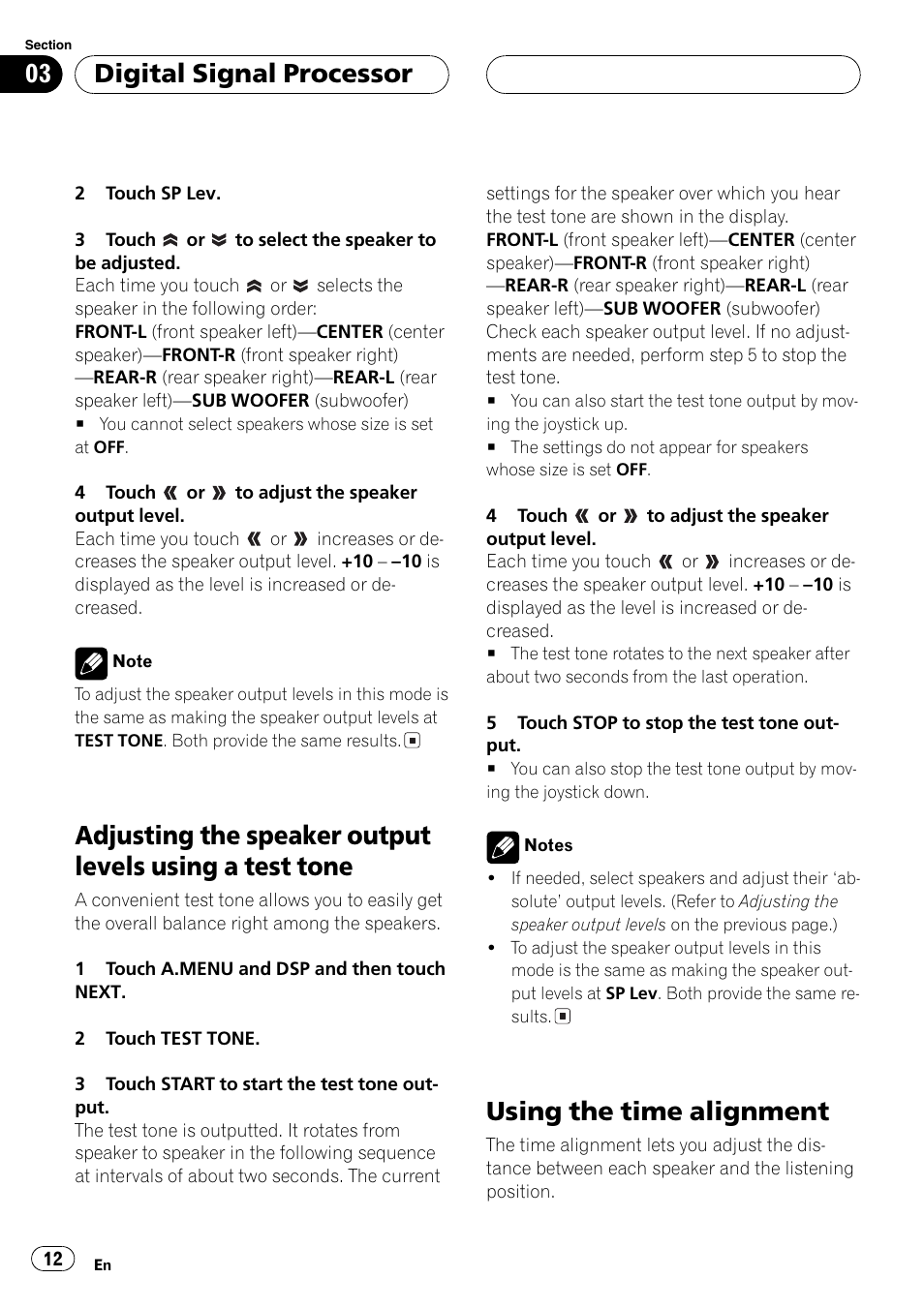 Adjusting the speaker output levels using a, Test tone 12, Using the time alignment 12 | Test tone, Using the time alignment, Digital signal processor | Pioneer DEQ-P6600 User Manual | Page 12 / 69