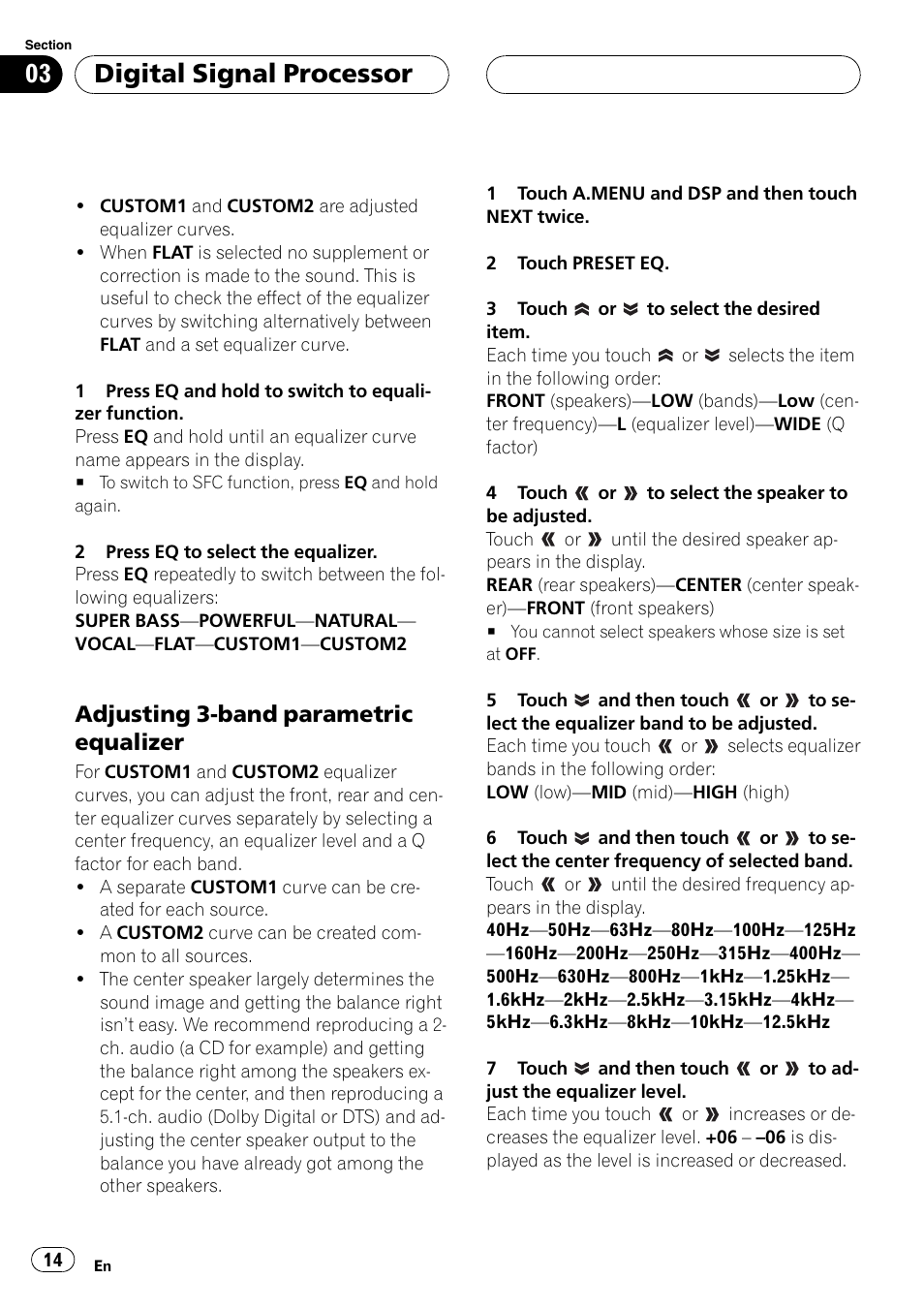 Adjusting 3-band parametric, Equalizer 14, Adjusting 3-band parametric equalizer | Digital signal processor | Pioneer DEQ-P6600 User Manual | Page 14 / 69