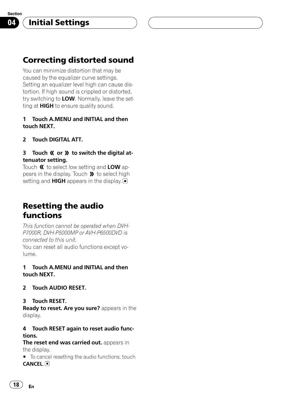 Resetting the audio functions, Correcting distorted sound, Initial settings | Pioneer DEQ-P6600 User Manual | Page 18 / 69