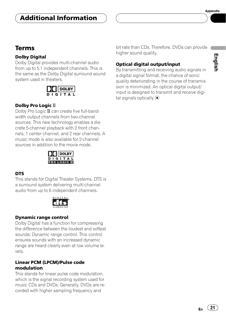 Terms 21, Terms, Additional information | Pioneer DEQ-P6600 User Manual | Page 21 / 69
