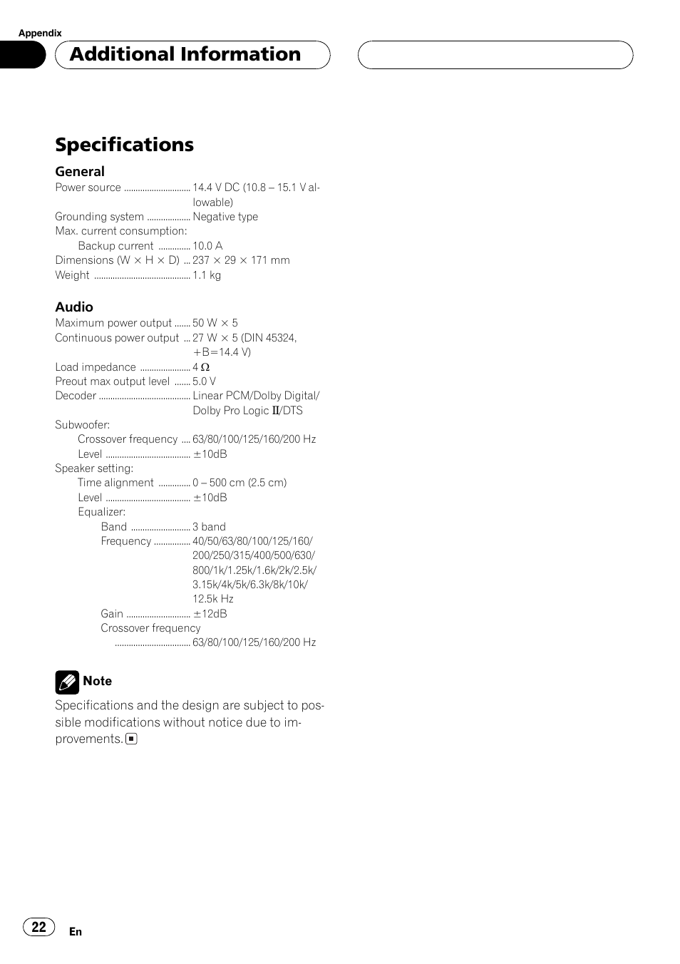 Specifications 22, Specifications, Additional information | Pioneer DEQ-P6600 User Manual | Page 22 / 69