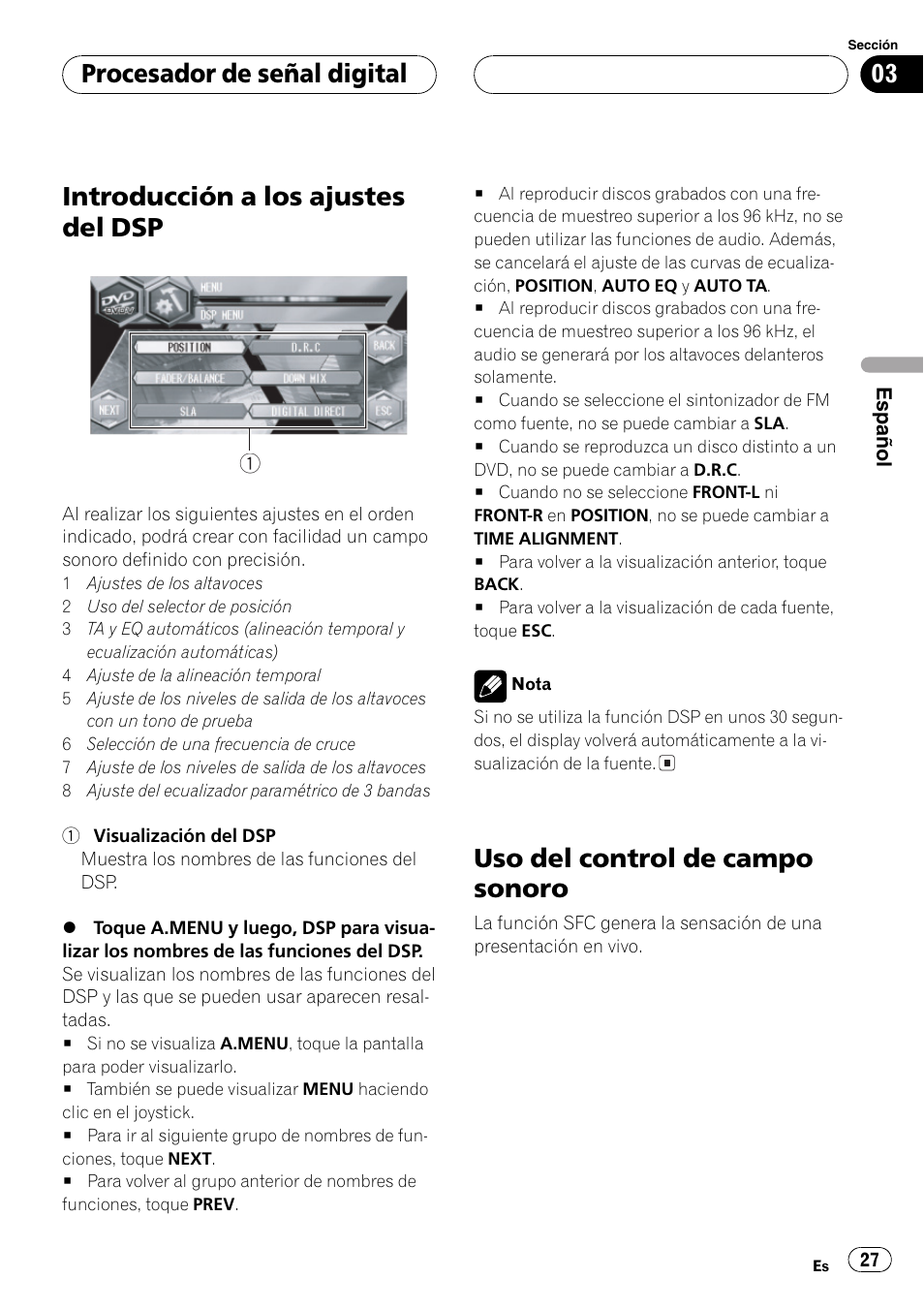 Introducción a los ajustes del dsp, Uso del control de campo sonoro, Procesador de señal digital | Pioneer DEQ-P6600 User Manual | Page 27 / 69