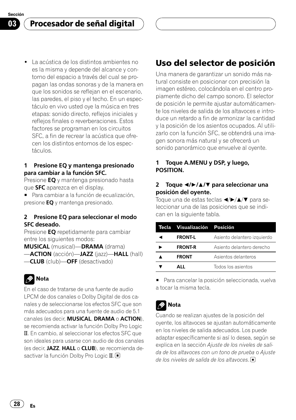 Uso del selector de posición 28, Uso del selector de posición, Procesador de señal digital | Pioneer DEQ-P6600 User Manual | Page 28 / 69