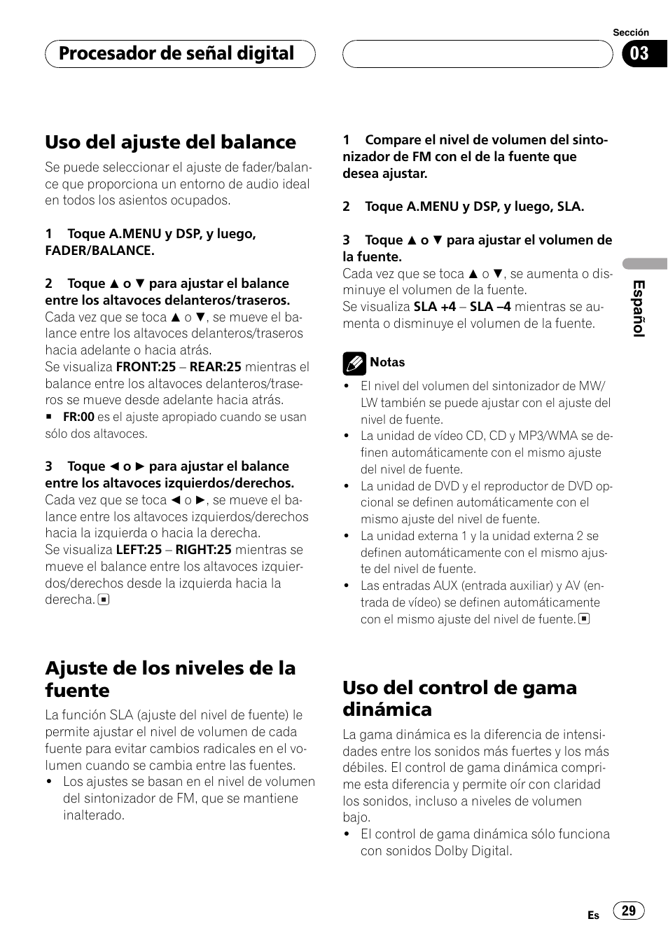 Uso del ajuste del balance, Ajuste de los niveles de la fuente, Uso del control de gama dinámica | Procesador de señal digital | Pioneer DEQ-P6600 User Manual | Page 29 / 69