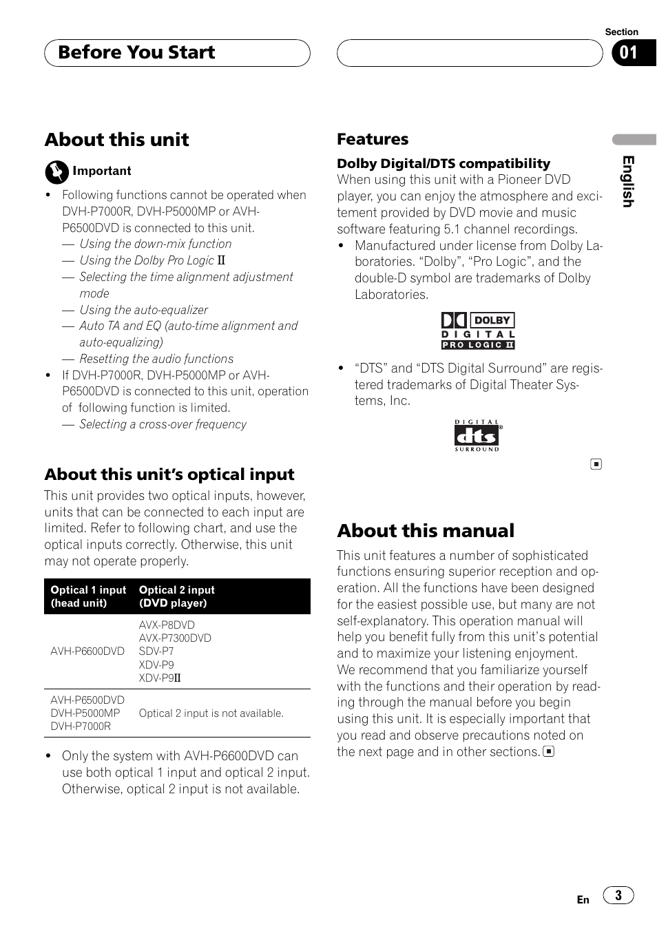 Before you start about this unit 3, About this units optical input 3, Features 3 | About this manual 3, About this unit, About this manual, Before you start, About this units optical input, Features | Pioneer DEQ-P6600 User Manual | Page 3 / 69
