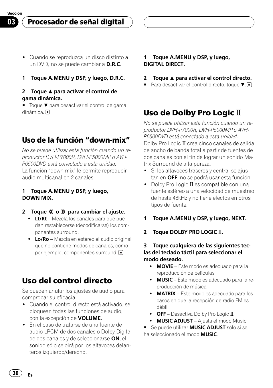 Uso de la función down-mix, Uso de dolby pro logic b, Uso del control directo | Procesador de señal digital | Pioneer DEQ-P6600 User Manual | Page 30 / 69