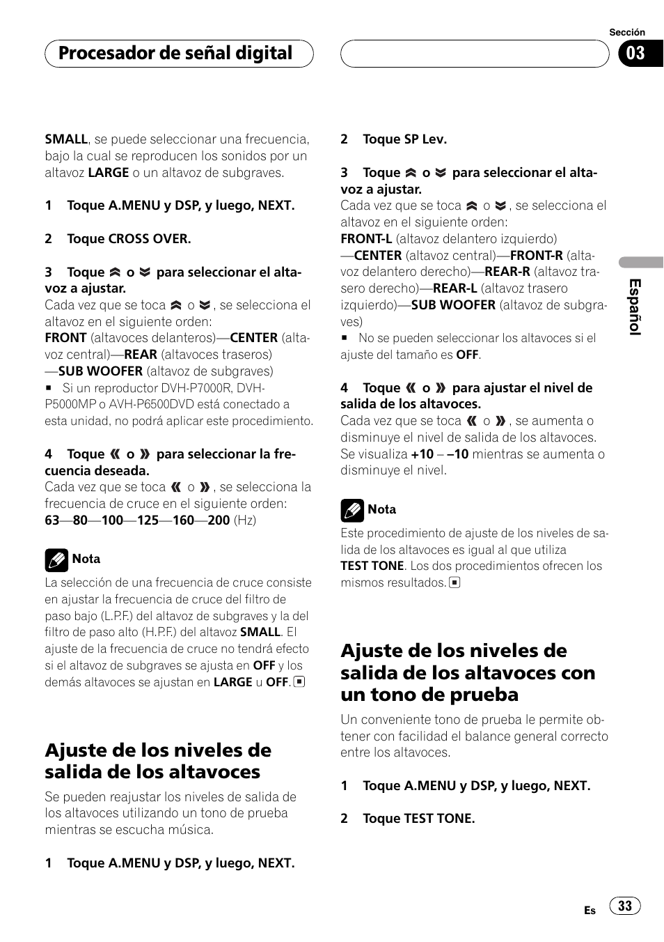 Ajuste de los niveles de salida de los, Altavoces 33, Altavoces con un tono de prueba 33 | Ajuste de los niveles de salida de los altavoces, Con un tono de prueba, Procesador de señal digital | Pioneer DEQ-P6600 User Manual | Page 33 / 69